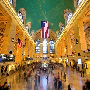 Grand Central Terminal interior with bustling crowds and ornate architecture